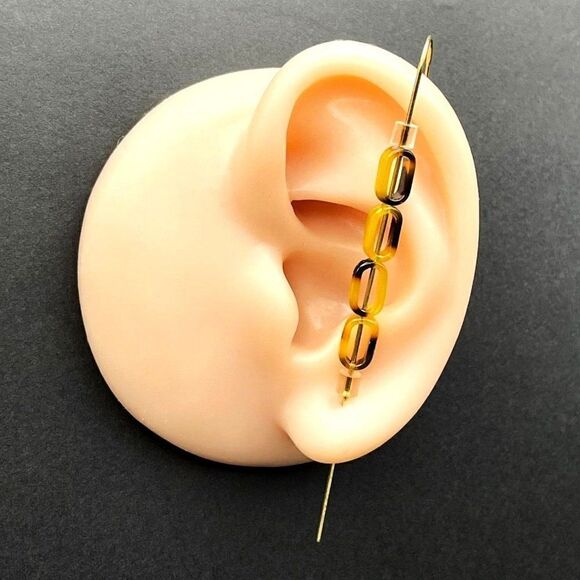 Yellow Gold with Oval Acrylic Tortoise Shell Ear Crawler Hook Earring Pin - Picture 7 of 8